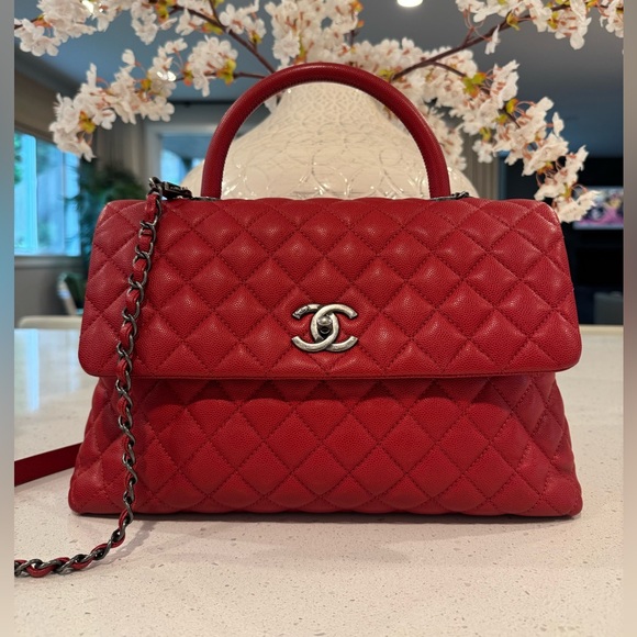 CHANEL Handbags - CHANEL Red Quilted Caviar Coco Handle Bag